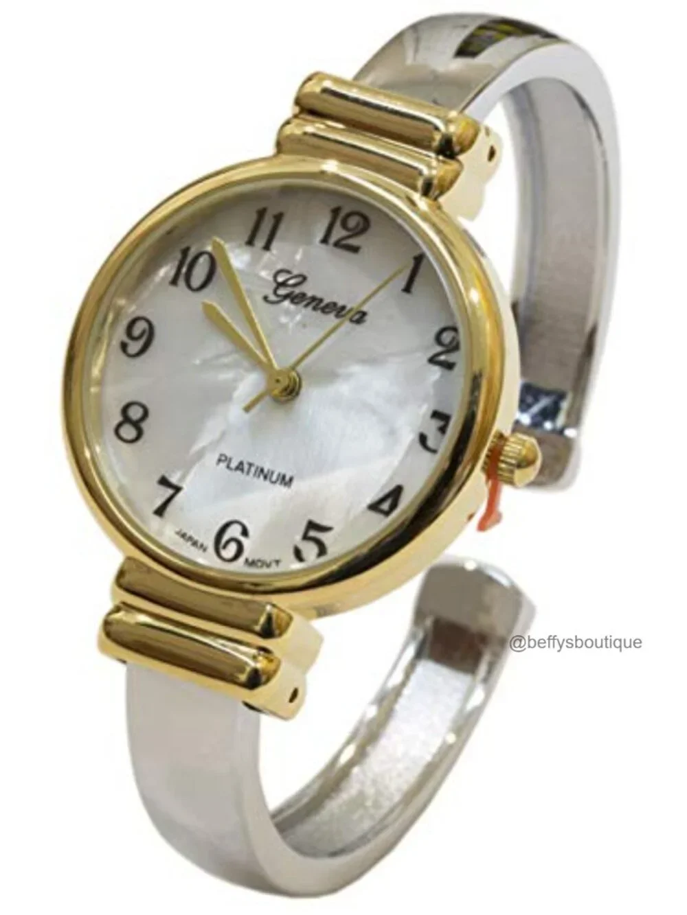 Women's Mother of Pearl Metal Cuff Watch, Two Tone, Japanese Quartz